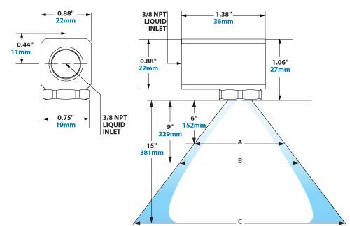 Spray Dimensions – 3/8 NPT HollowStream Cone Liquid Atomizing Nozzle