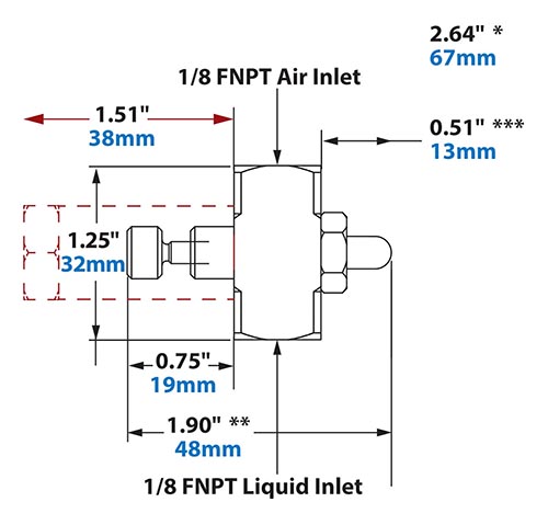 Dimensions - 1/8 FNPT Internal Mix Flat Fan Pattern Atomizing Nozzle