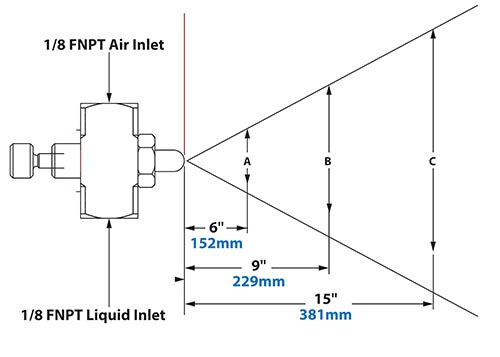 Dimensions - 1/8 FNPT Internal Mix Flat Fan Pattern Atomizing Nozzle
