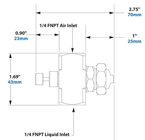 Dimensions - 1/4 FNPT External Mix Wide Angle Flat Fan Pattern Atomizing Nozzle 