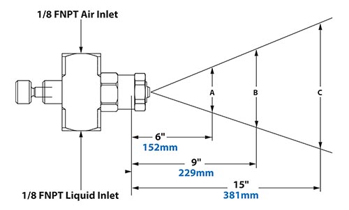 Spray Dimensions - 1/8 FNPT External Mix Narrow Angle Flat Fan Pattern Atomizing Nozzle