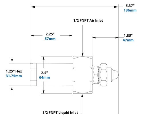 Dimensions - 1/2 FNPT No Drip Internal Mix Flat Fan Pattern Atomizing Nozzle