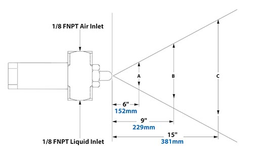 Dimensions - 1/8 FNPT No Drip Internal Mix Flat Fan Pattern Atomizing Nozzle