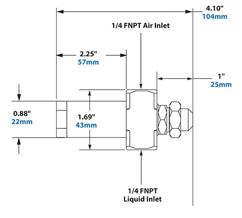Dimensions - 1/4 FNPT No Drip Internal Mix Narrow Angle Round Pattern Atomizing Nozzle