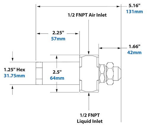 Dimensions - 1/2 FNPT No Drip Internal Mix Narrow Angle Round Pattern Atomizing Nozzle