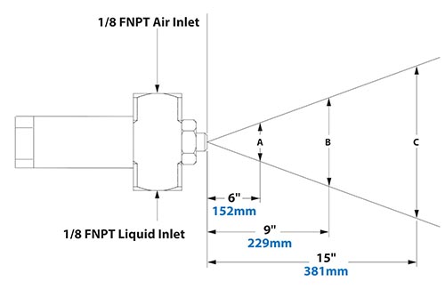 Dimensions - 1/8 FNPT Internal Mix Narrow Angle Round Pattern Atomizing Nozzle