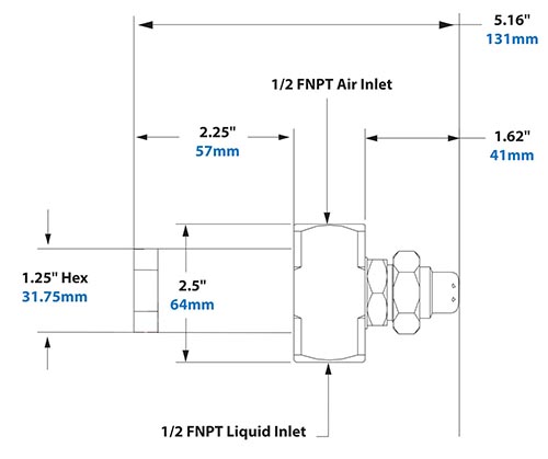 Dimensions - 1/2 FNPT No Drip Internal Mix Wide Angle Round Pattern Atomizing Nozzle