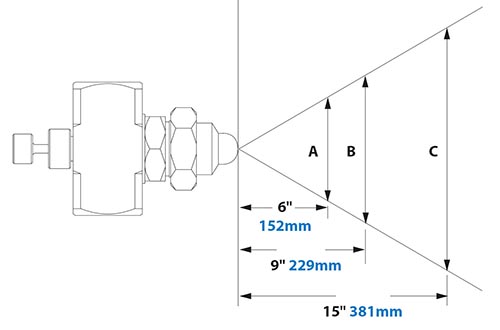 Spray Dimensions - 1/4 FNPT Siphon Fed Flat Fan Pattern Atomizing Nozzle