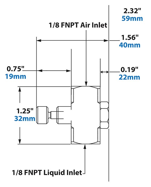 Dimensions - 1/8 FNPT Siphon Fed Round Pattern Atomizing Nozzle 
