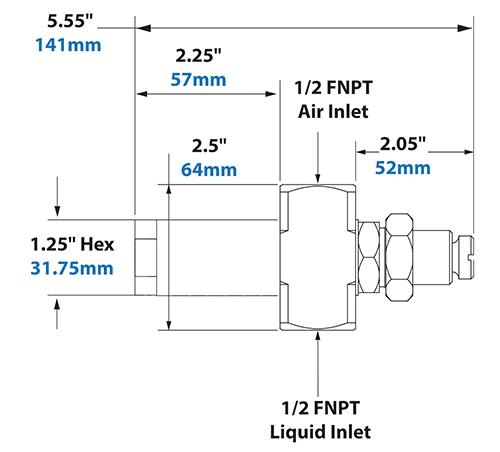 Dimensions - 1/2 FNPT No Drip Internal Mix 360 Degree Hollow Circular Pattern Atomizing Nozzle