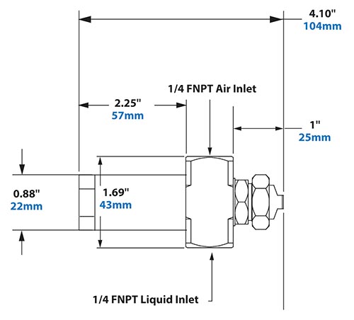 Dimensions - 1/4 FNPT No Drip External Mix Wide Angle Flat Fan Pattern Atomizing Nozzle