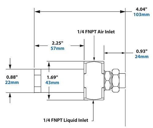 Dimensions - 1/4 FNPT No Drip External Mix Round Pattern Atomizing Nozzle