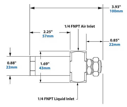 Dimensions - 1/4 FNPT Siphon Fed Round Pattern Atomizing Nozzle 