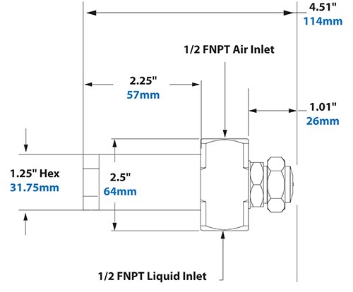 Dimensions - 1/2 FNPT Siphon Fed Round Pattern Atomizing Nozzle 