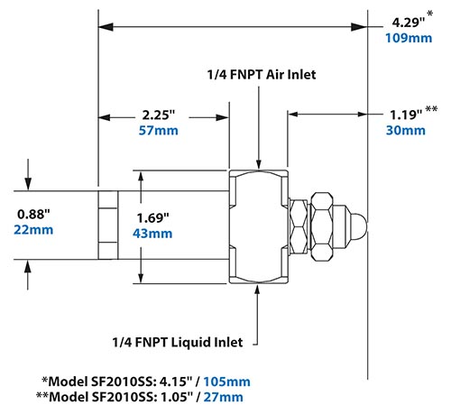 Dimensions - 1/4 FNPT Siphon Fed Flat Fan Pattern Atomizing Nozzle 